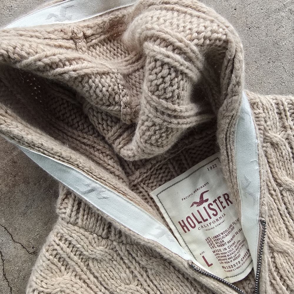 Vintage Y2K Hollister Hoodie Chunky Cable Knit Full Zip Jacket Sweater Swan L - Picture 5 of 5